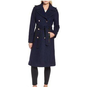 $350 GUESS THICK Wool Trench Coat NAVY BELTED LEATHER TRIMMING NAVY winter M/L